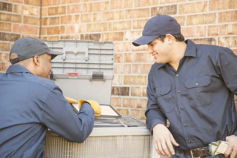 Peak City Heating and Air technicians servicing an AC unit in Apex, NC